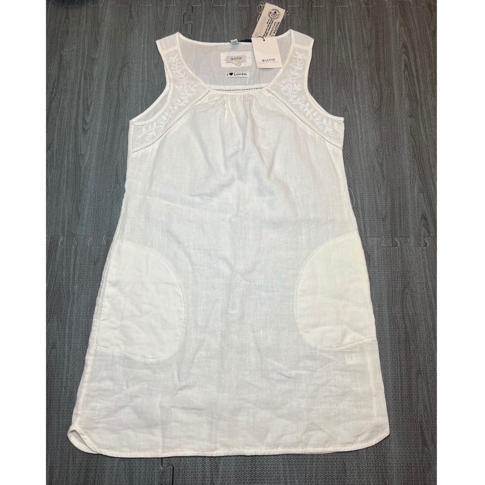 Malvin Hamburg Germany White Linen Ramie Embroidered Sleeveless Shift‎ Dress M 8